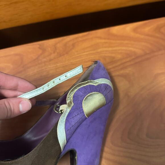 Marc Jacobs Brown Purple Mary Jane Heels Color Block Metallic Accents Size 37 - Picture 8 of 16